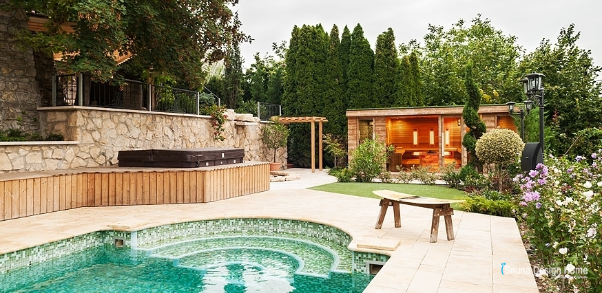 Sauna house garden with pool