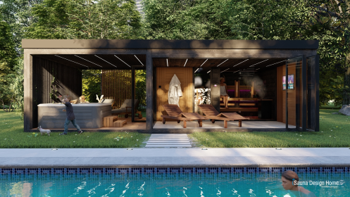 Outdoor wellness sauna house - 500 x 480 x 273.6 cm + 350 cm x 480 cm terrace