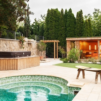 Sauna house garden with pool